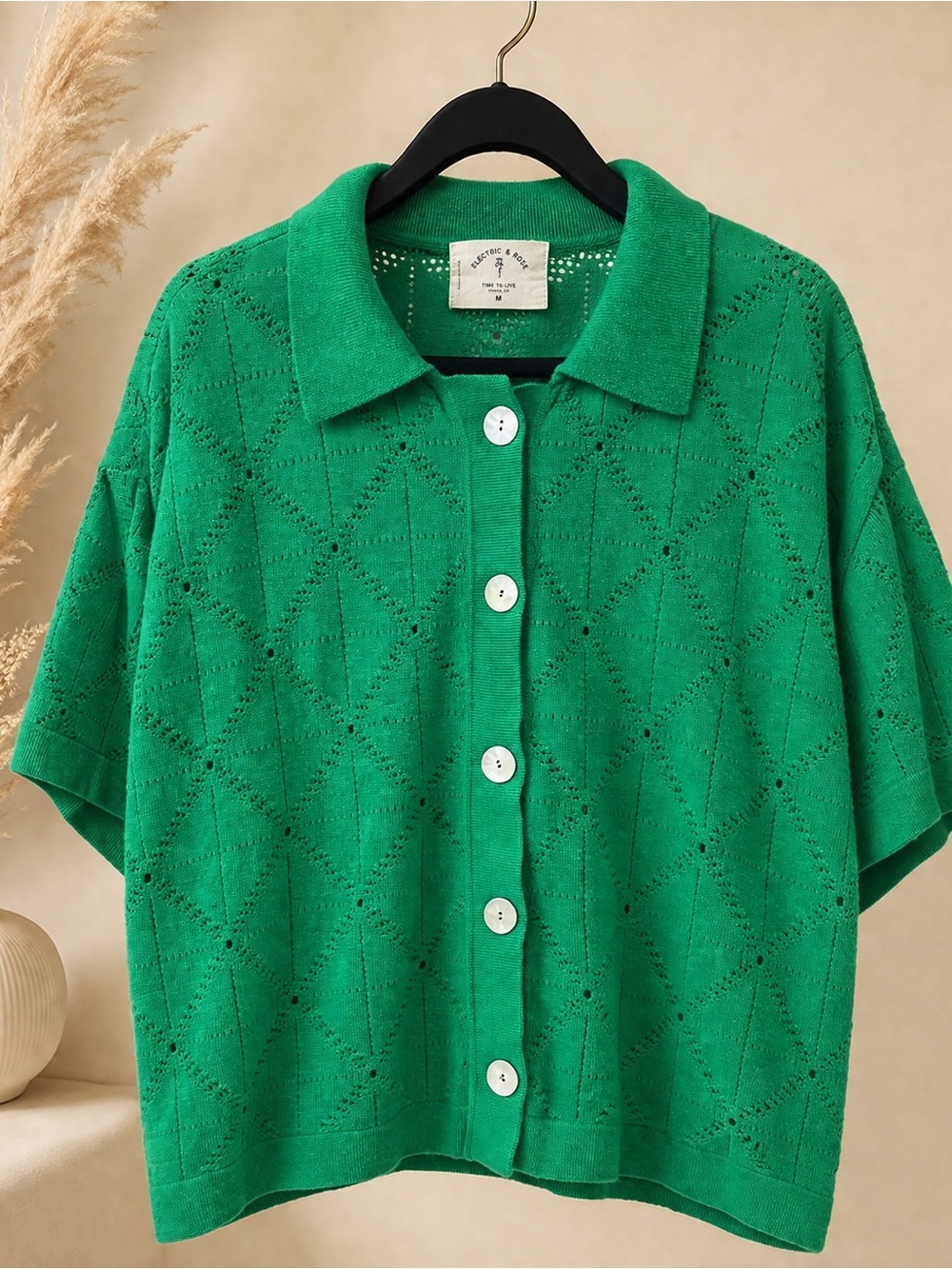 Electric & Rose Green Knit Button Cardigan Top Size M Boho Chic Summer - Picture 2 of 6